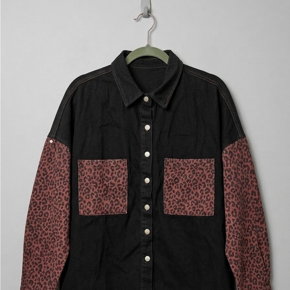 Black Denim Leopard Print Contrast Shacket - Medium